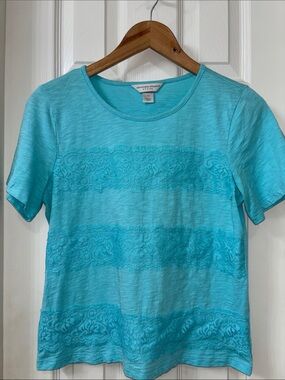 Christopher & Banks Aqua Lace-Trim Short Sleeve Top